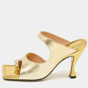 Bottega Veneta Gold Leather Square Toe Slide Sandals Size 37