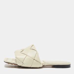 Bottega Veneta White Intrecciato Leather Lido Flat Slides Size 37