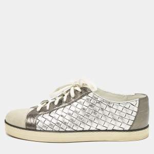 Bottega Veneta Silver Leather and Suede Intrecciato Lace Up Sneakers Size 38