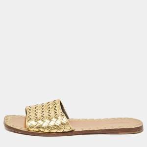 Pre Owned Bottega Veneta Gold Intrecciato Leather Flat Slides Size 40.5
