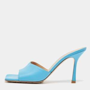 Pre Owned Bottega Veneta Blue Leather Stretch Slide Sandals Size 39