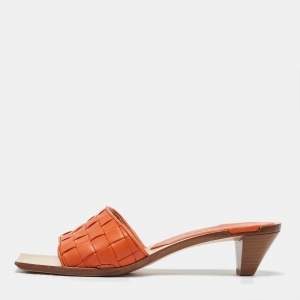 Bottega Veneta Orange Intrecciato Leather Square Toe Slide Sandals Size 39