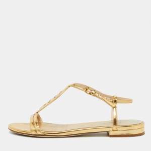 Pre Owned Bottega Veneta Gold Leather Ankle Strap Flat Sandals Size 38