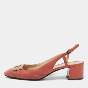 Bottega Veneta Coral Pink Leather Block Heel Slingback Pumps Size 39