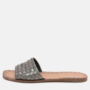 Bottega Veneta Metallic Dark Grey Intrecciato Leather Flat Slides Size 39.5