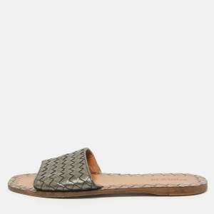 Bottega Veneta Metallic Grey Intrecciato Leather Flat Slides Size 39