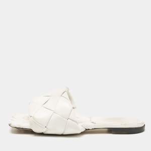 Bottega Veneta White Woven Leather Lido Flat Slides Size 37.5