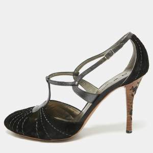 Bottega Veneta Black Leather and Velvet Mary Jane Pumps Size 39