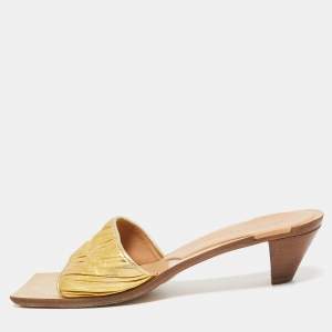 Bottega Veneta Gold Pleated Leather Slide Sandals Size 38.5