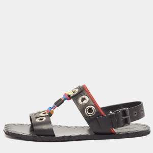 Bottega Veneta Black Leather Grommet Slingback Flat Sandals Size 40