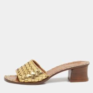 Pre Owned Bottega Veneta Metallic Intrecciato Leather Slide Sandals Size 37.5
