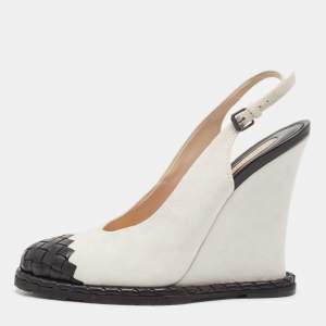 Bottega Veneta White/Black Intrecciato Suede and Leather Espadrille Wedge Sandals Size 39