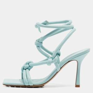 Bottega Veneta Blue Knotted Leather Ankle Strap Sandals Size 39