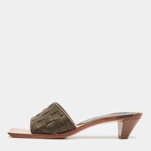 Bottega Veneta Dark Brown Intrecciato Leather Square Toe Slide Sandals Size 38.5