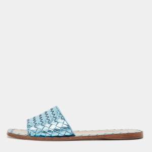 Bottega Veneta Metallic Blue Intrecciato Leather Ravello Flat Slides Size 38.5