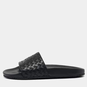 Bottega Veneta Black Intrecciato Leather Flat Slides Size 37