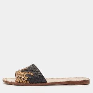 Bottega Veneta Gold/Black Intrecciato Leather Flat Slides Size 35.5