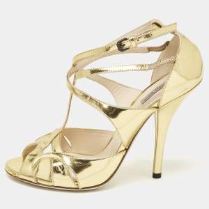 Bottega Veneta Gold Leather Ankle Strap Peep Toe Sandals Size 39