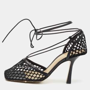 Pre Owned Bottega Veneta Black Mesh and Leather Stretch Ankle Strap Pumps Size 37