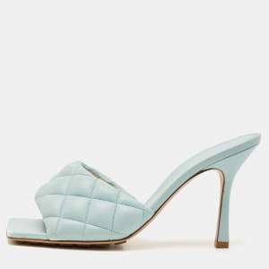 Pre Owned Bottega Veneta Light Blue Quilted Leather Lido Slide Sandals Size 39.5
