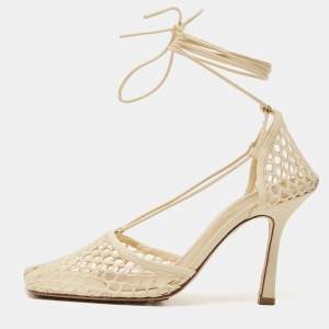 Bottega Veneta Cream Leather and Mesh Stretch Ankle Strap Sandals Size 39