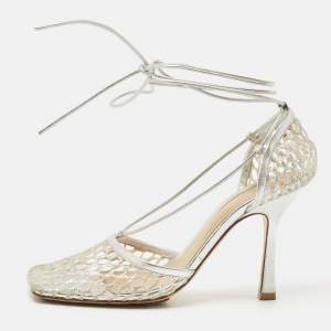 Bottega Veneta Silver Mesh and Leather Stretch Ankle Tie Pumps Size 37