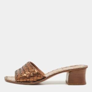 Bottega Veneta Bronze intreciato Leather Slide Sandals Size 38