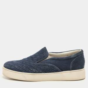 Bottega Veneta Navy Blue Intrecciato Suede Dodger Slip On Sneakers Size 36