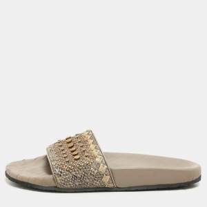 Bottega Veneta Brown/Grey Python Embellished Flat Slides Size 37