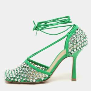 Bottega Veneta Green Leather And Cotton Mesh Sparkle Stretch Ankle Wrap Sandals Size 37
