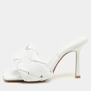Pre Owned Bottega Veneta White Intrecciato Leather Lido Slide Sandals Size 37