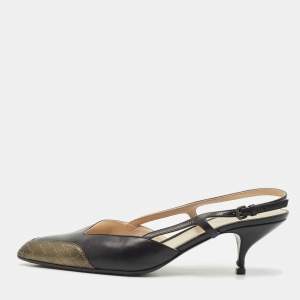 Bottega Veneta Black/Metallic Leather Slingback Pumps Size 41
