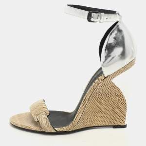 Bottega Veneta Silver Foil Leather and Karung Leather Ankle Strap Wedge Sandals Size 40