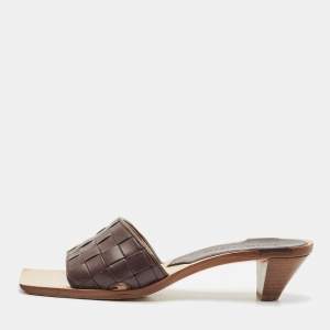 Bottega Veneta Dark Brown Leather Intrecciato Slide Sandals Size 37