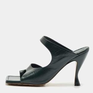 Bottega Veneta Dark Green Leather Square Toe Slide Sandals Size 39