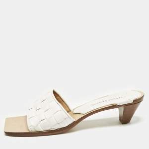 Bottega Veneta White Intrecciato Leather Square Toe Slide Sandals Size 38