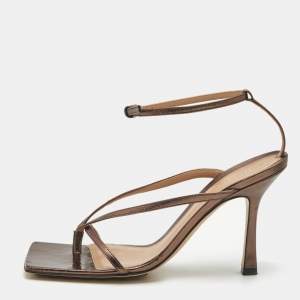 Bottega Veneta Metallic Brown Leather Stretch Ankle Strap Sandals Size 38.5