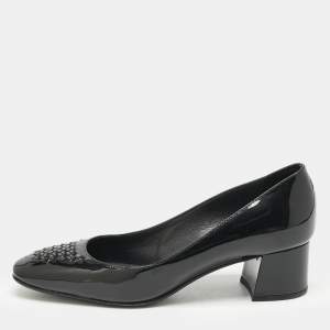 Bottega Veneta Black Intrecciato Patent Leather Block Heel Pumps Size 36.5
