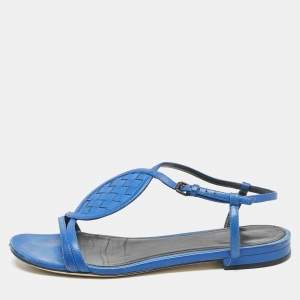Bottega Veneta Blue Leather Ankle Strap Flat Sandals Size 39