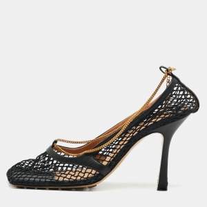 Bottega Veneta Black Leather and Mesh Stretch Ankle Strap Pumps Size 38