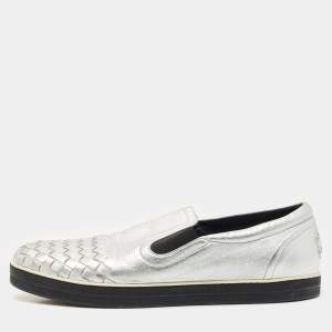 Bottega Veneta Silver Intrecciato Leather Dodger Slip On Sneakers Size 40