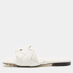 Bottega Veneta White Intrecciato Leather Lido Flat Slides Size 39
