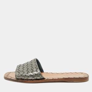 Bottega Veneta Metallic Grey Intrecciato Leather Flat Slide Sandals Size 36