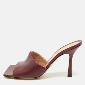 Bottega Veneta Burgundy Leather Stretch Square Toe Slide Sandals Size 39