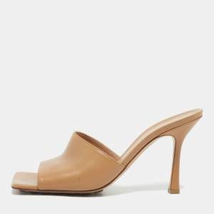 Bottega Veneta Beige Leather Square Open Toe Slide Sandals Size 39