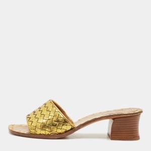Pre Owned Bottega Veneta Gold Intrecciato Leather Ravello Slide Sandals Size 38.5