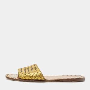 Pre Owned Bottega Veneta Gold Intrecciato Leather Flat Slides Size 41