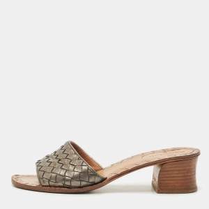 Pre Owned Bottega Veneta Metallic Intrecciato Leather Ravello Slide Sandals Size 37.5