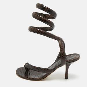 مملوكة مسبقًا Bottega Veneta Brown Python Embossed Leather Ankle Wrap Sandals Size 37