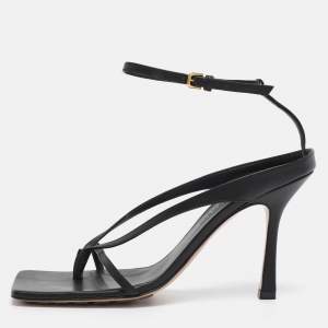 Pre Owned Bottega Veneta Black Leather Stretch Square Ankle Strap Sandals Size 38